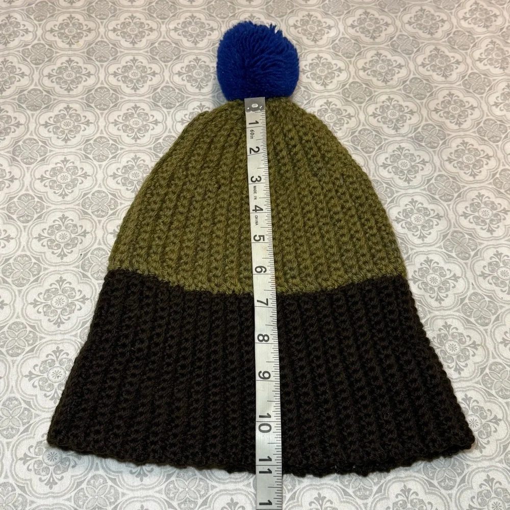 Yves Saint Laurent Olive and Brown Beanie with Blue Pom
